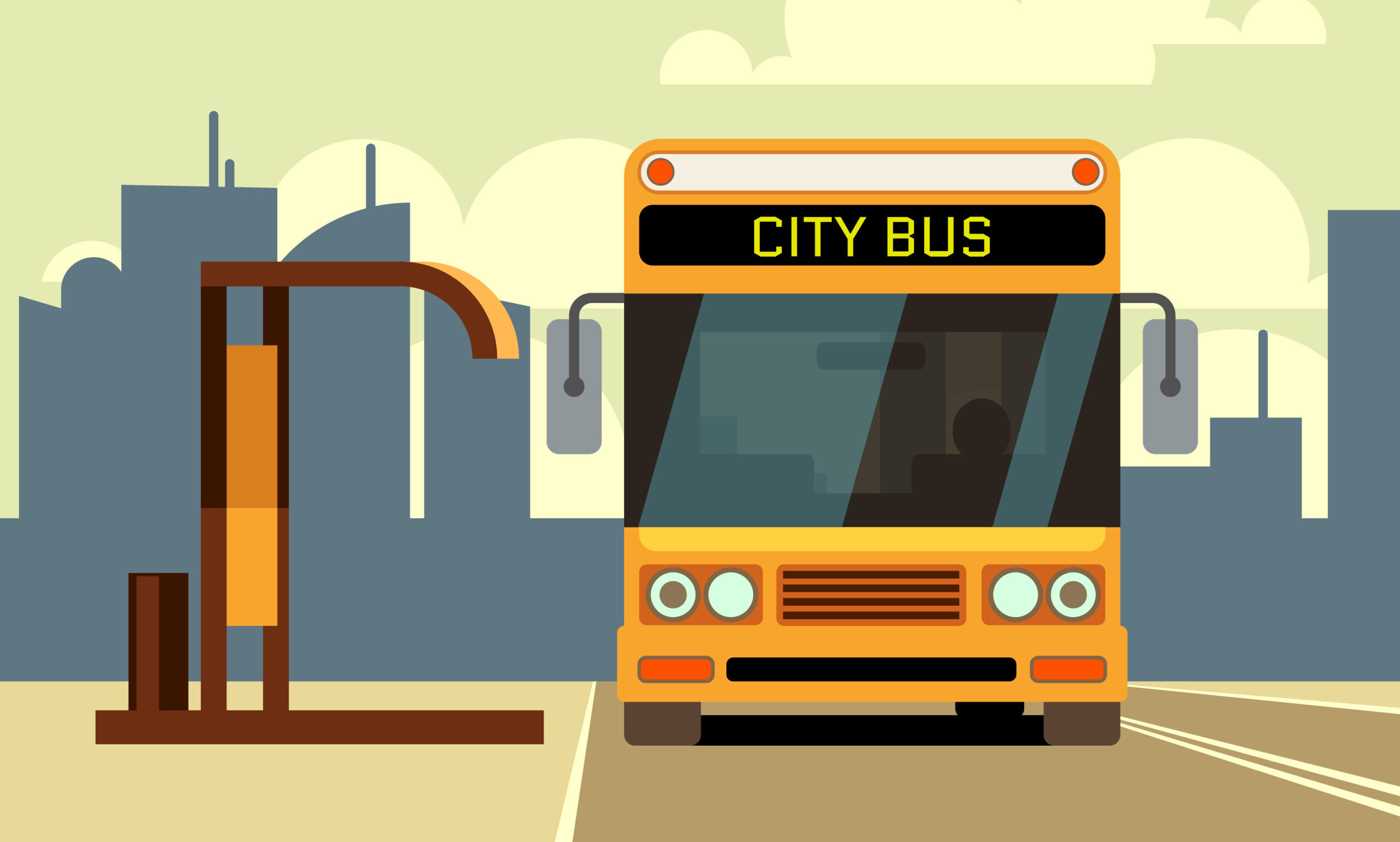 シティバスと書かれたバスがバス停で停車している様子が描かれているイラスト。